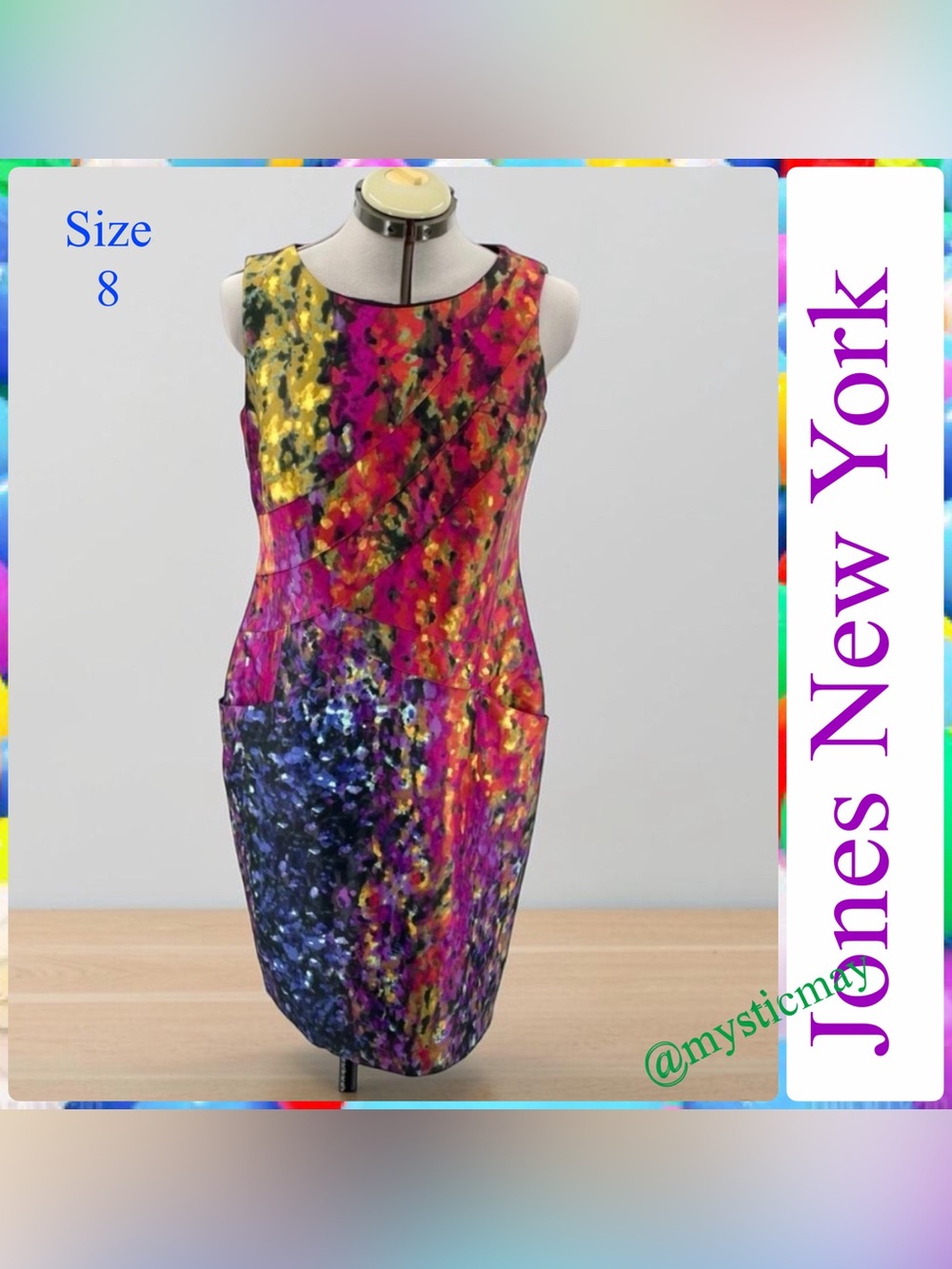 JONES NEW YORK Purple Multicolor Watercolor Print Satin Sheath Dress Size 8 / M